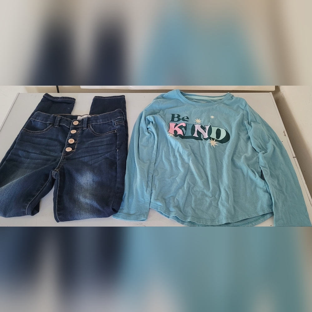 Girls Mixed Match Blue longsleeve top &Jeans Outfit